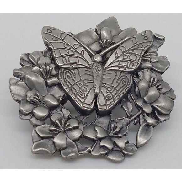 Butterfly and Flowers Brooch Scatter Pin Pewter Metal Birds & Bloom 1998 Vintage - Picture 8 of 12